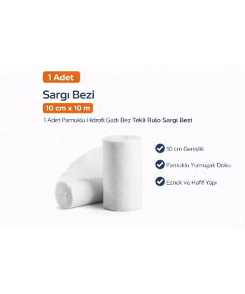 Sargı Bezi 10 cm x 10 m 1 Adet Pamuklu Hidrofil Gazlı Bez Tekli Rulo Sargı Bezi