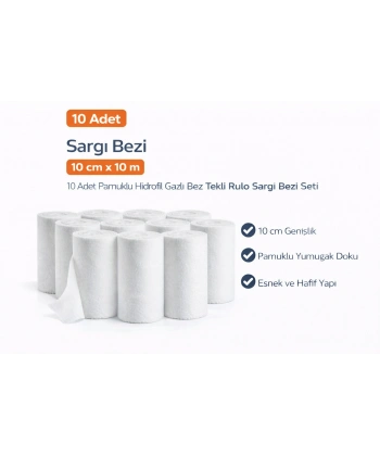 Sargı Bezi 10 cm x 10 m 10 Adet Pamuklu Hidrofil Gazlı Bez Tekli Rulo Sargı Bezi Seti