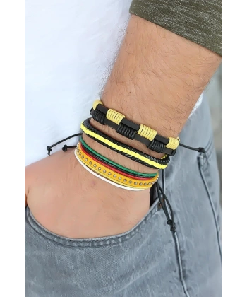 Sarı Renk Zımbalı Deri Erkek Bileklik Kombini