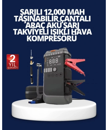 Şarjlı 12000 mAh Araç Akü Takviye ve Hava Kompresörü 4’ü 1 Arada