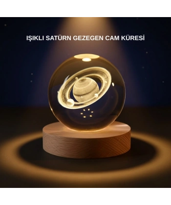 Satürn Desenli Kristal Küre LED Gece Lambası Ahşap Standlı