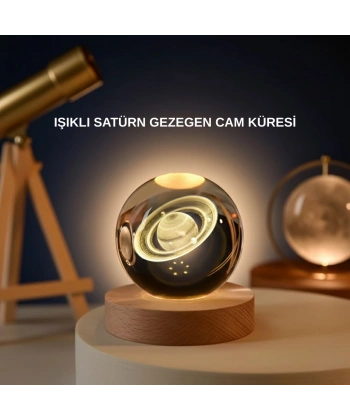 Satürn Gezegenli Kristal Küre LED Lamba USB’li Ahşap Standlı