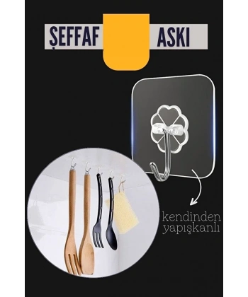 Şeffaf Yapışkanlı Askı, Mutfak Banyo Duvar Askısı, Çivisiz Pratik Kanca Seti