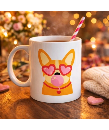 Sevimli Corgi Desenli Porselen Kupa Model 44 – Kalpli Gözlüklü Köpek Tasarımlı, Eğlenceli & Hediye Fikri