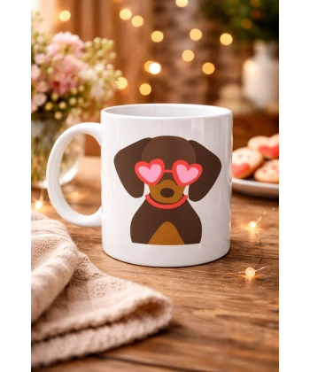 Sevimli Dachshund (Sosis Köpek) Desenli Porselen Kupa Model 47 – Kalpli Gözlüklü Köpek Figürlü, Hediye Kupası