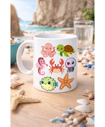 Sevimli Deniz Canlıları Desenli Porselen Kupa MODEL 118 – Ahtapot, Kaplumbağa, Yengeç ve Deniz Yıldızlı Kahve Kupası