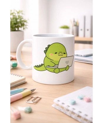 Sevimli Dinozor Tasarımlı Porselen Kupa MODEL 117 – Laptoplu Tatlı Dino Figürlü Ofis & Ev Kahve Kupası