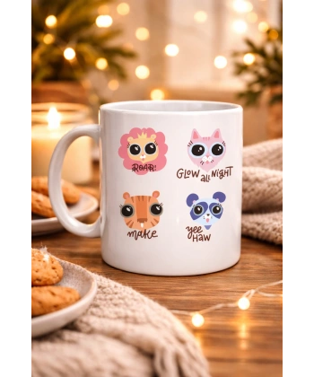 Sevimli Hayvan Figürlü Porselen Kupa MODEL 70 – “Roar • Glow All Night • Make • Yee Haw” Tasarımlı Özel Baskı Kupa