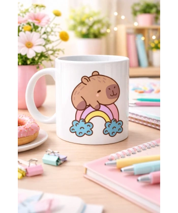 Sevimli Kapibara Gökkuşağı Tasarımlı Porselen Kupa MODEL 119 – Tatlı Hayvan Figürlü Kahve & Çay Kupası