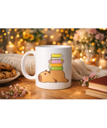 Sevimli Kapibara Kitaplı Kupa MODEL 101 – Kahve & Çay Kupası Kitap Severlere Özel Tatlı Tasarım Porselen Kupa