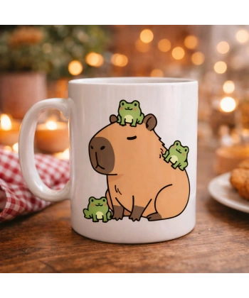 Sevimli Kapibara ve Kurbağa Desenli Porselen Kupa MODEL 98 – Eğlenceli Tasarım, Kahve & Çay Kupası, Hediye Fikri