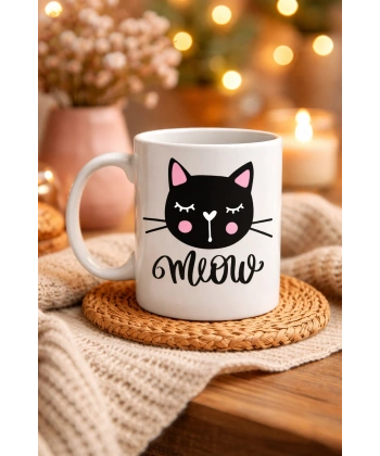 Sevimli Kedi Desenli Porselen Kupa MODEL 63 – “Meow” Yazılı Kahve & Çay Keyfi İçin Tatlı Tasarım