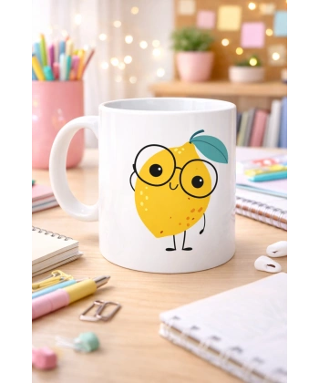 Sevimli Limon Tasarımlı Porselen Kupa MODEL 121 – Gözlüklü Tatlı Limon Figürlü Kahve & Çay Kupası