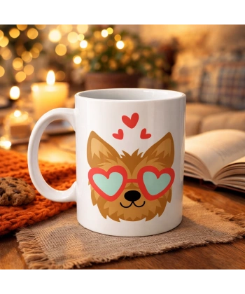 Sevimli Yorkshire Terrier Tasarımlı Porselen Kupa Model 49 – Kalpli Gözlüklü Köpek Desenli, Hediye Kupası