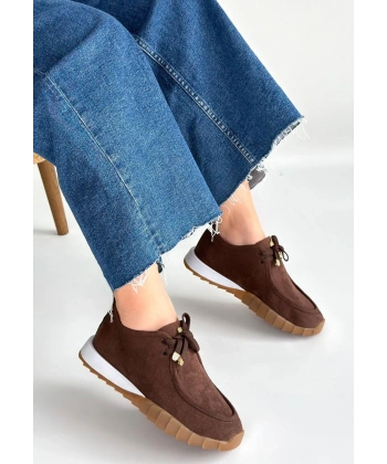 Sier Kahverengi Süet Bağcıklı Spor Ayakkabı