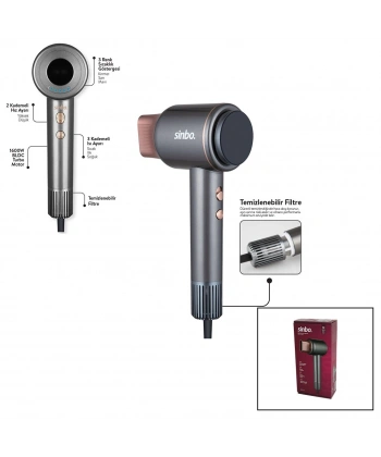 SİNBO SHD-1717 BLDC TURBO MOTOR TOKMAK MODEL SAÇ KURUTMA MAKİNESİ 1600W 2-KDM.HIZ 3-KDM.SICAKLIK YAPIŞKANLI ASKI