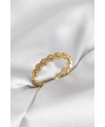 Sıralı Çiçek Model Gold Renk Zirkon Taşlı Kadın Yüzük