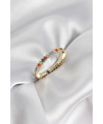 Sıralı Karışık Renkli Gold Renk Zirkon Taşlı Kadın Yüzük