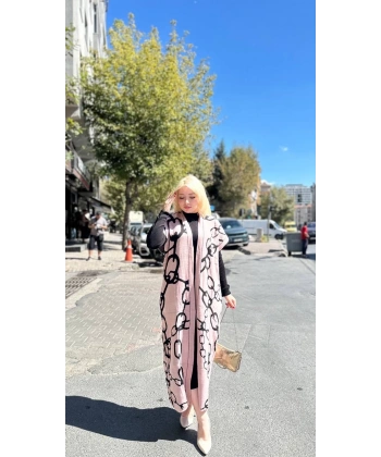 Siyah çizgi desenli elbiseli hırka takım pudra siyah