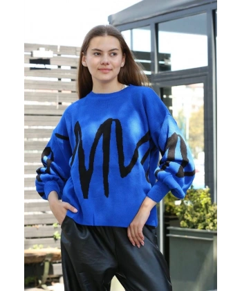 Siyah çizgili bisiklet yaka kazak Saks