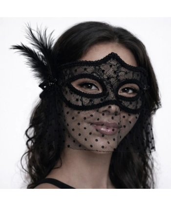 Siyah Dantel Tüllü Peçeli Parti Maskesi - Tüylü İnci Detaylı