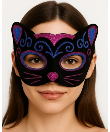 Siyah Kadife Kaplama Üzeri Pembe Mavi Sim İşlemeli Kedi Maskesi 20x13 cm