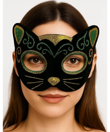 Siyah Kadife Kaplama Üzeri Sarı Yeşil Sim İşlemeli Kedi Maskesi 20x13 cm