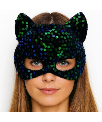 Siyah Kadife Kumaş Üzerine Mavi Yeşil Payetli Pullu Parti Maskesi 16x14 cm