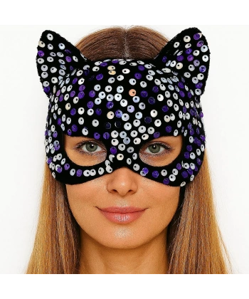 Siyah Kadife Kumaş Üzerine Mor Beyaz Payetli Pullu Parti Maskesi 16x14 cm