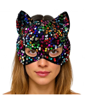 Siyah Kadife Kumaş Üzerine Rengarenk Payetli Pullu Parti Maskesi 16x14 cm