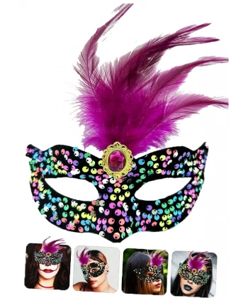 Siyah Kadife Üzeri Rengarenk Payetli Pullu Pembe Tüylü Pembe Taşlı Parti Maskesi 19x21 cm