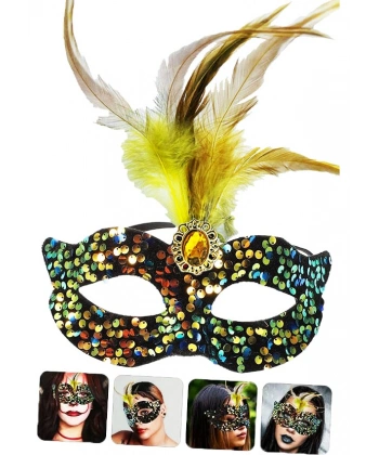 Siyah Kadife Üzeri Rengarenk Payetli Pullu Sarı Tüylü Sarı Taşlı Parti Maskesi 19x21 cm