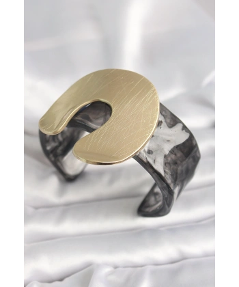 Siyah Mermer Desen Akrilik Plastik Gold Nal Model Plaka Vintage Kadın Bilezik