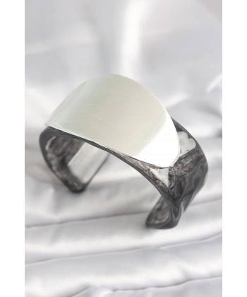 Siyah Mermer Desen Akrilik Plastik Gümüş Oval Plaka Model Vintage Kadın Bilezik