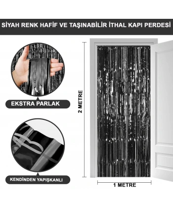 Siyah Renk Ekstra Metalize Parlak Saçaklı Arka Fon Perde İthal A Kalite 1x2 Metre