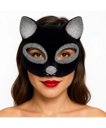 Siyah Renk Gümüş Simli Süet Kaplama Kedi Maskesi 18x14 cm