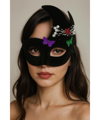 Siyah Renk İncili Taşlı Süet Kaplama Venedik Parti Maskesi 20x22 cm
