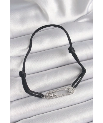 Siyah Renk İpli Asansör Zirkon Taşlı Gümüş Messika Model Kadın Bileklik