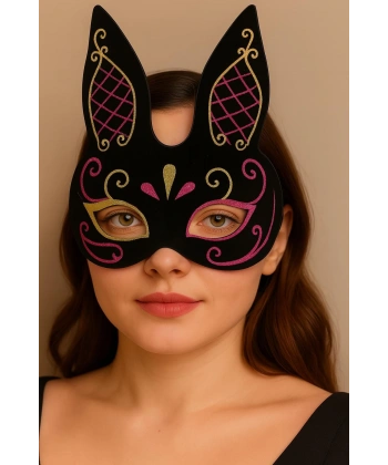 Siyah Renk Kırmızı Gold Simli Siyah Süet Kaplama Tavşan Maskesi 18x16 cm