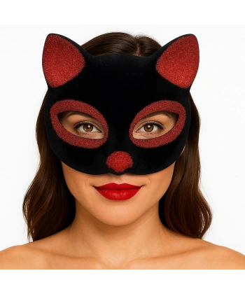 Siyah Renk Kırmızı Simli Süet Kaplama Kedi Maskesi 18x14 cm