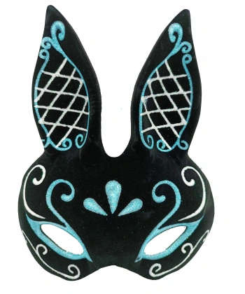 Siyah Renk Mavi Beyaz Simli Siyah Süet Kaplama Tavşan Maskesi 18x16 cm