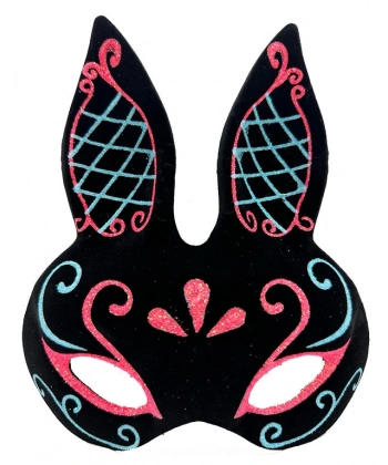 Siyah Renk Mavi Kırmızı Simli Siyah Süet Kaplama Tavşan Maskesi 18x16 cm