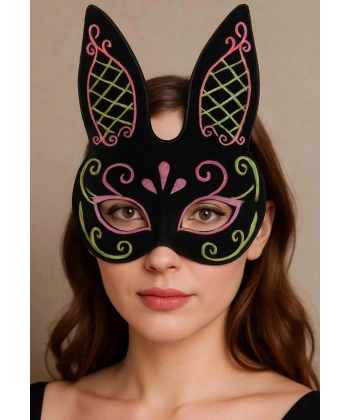 Siyah Renk Pembe Gold Simli Siyah Süet Kaplama Tavşan Maskesi 18x16 cm