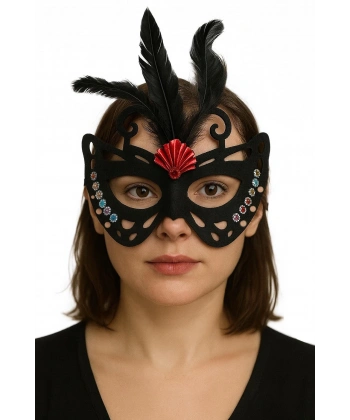 Siyah Renk Siyah Süet Kaplama Tüylü Kelebek Figür Parti Maskesi 24x18 cm