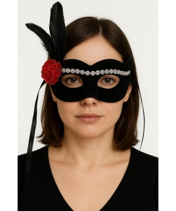 Siyah Renk Süet Kaplama Gümüş Dantelli Kırmızı Gül Tasarımlı Parti Maskesi 18x20 cm