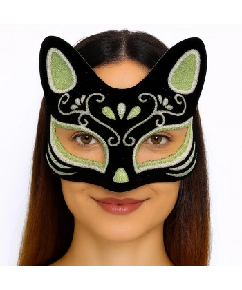 Siyah Renk Süet Kaplama Üzeri Gümüş Yeşil Simli Kedi Maskesi 17x14 cm