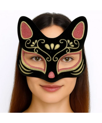 Siyah Renk Süet Kaplama Üzeri Kırmızı Sarı Simli Kedi Maskesi 17x14 cm