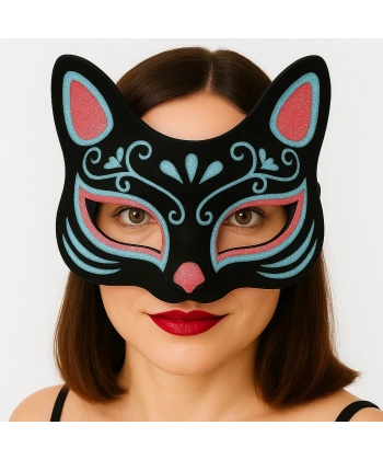 Siyah Renk Süet Kaplama Üzeri Mavi Kırmızı Simli Kedi Maskesi 17x14 cm