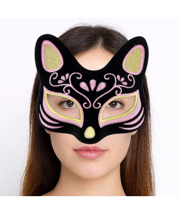 Siyah Renk Süet Kaplama Üzeri Sarı Pembe Simli Kedi Maskesi 17x14 cm