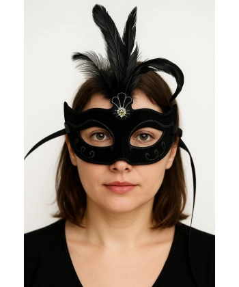 Siyah Renk Tüylü Siyah Süet Kaplama Parti Balo Maskesi 20X16 cm